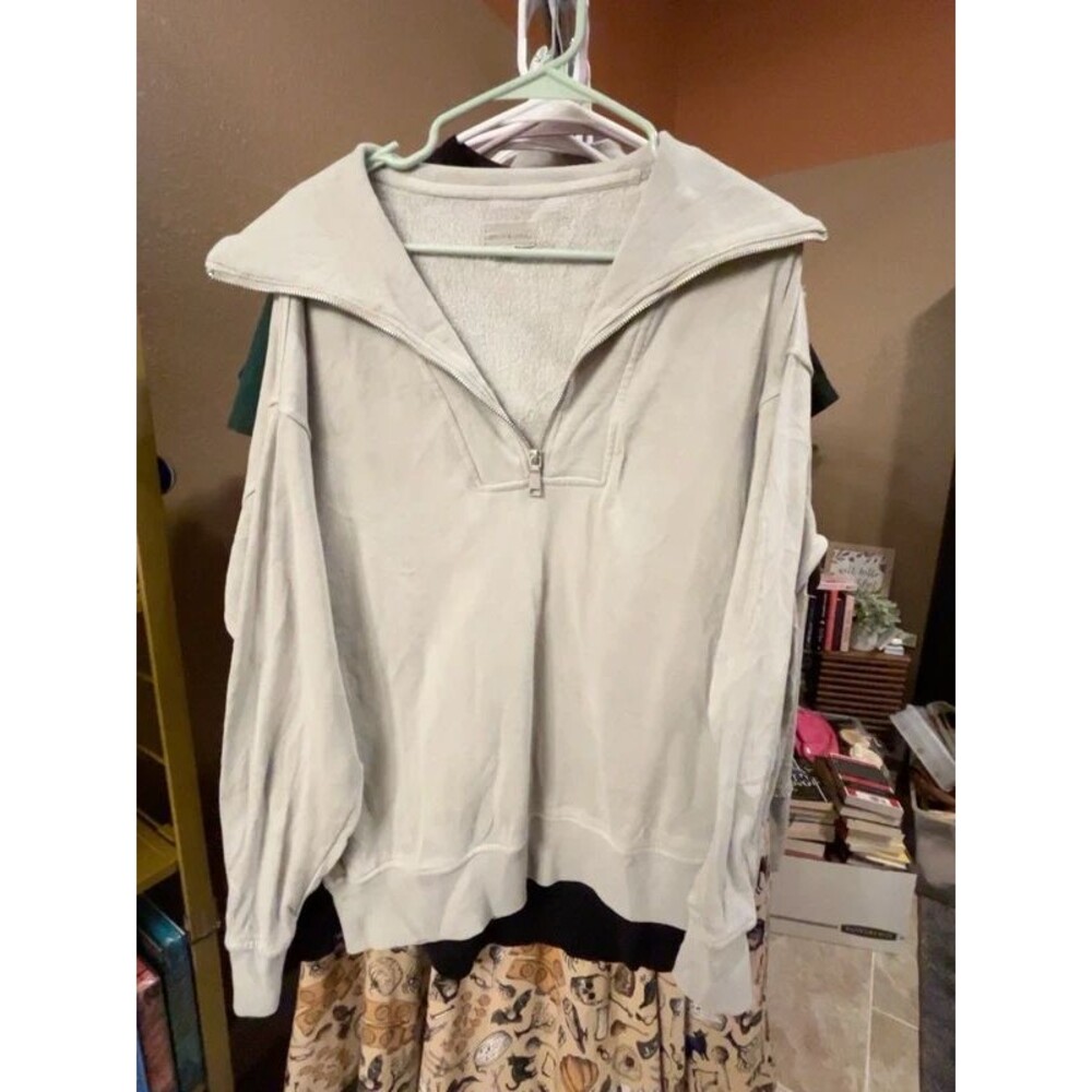 Thread & Supply XL Oversized Quarter Zip Pullover Gray Ivory Funnel Neck